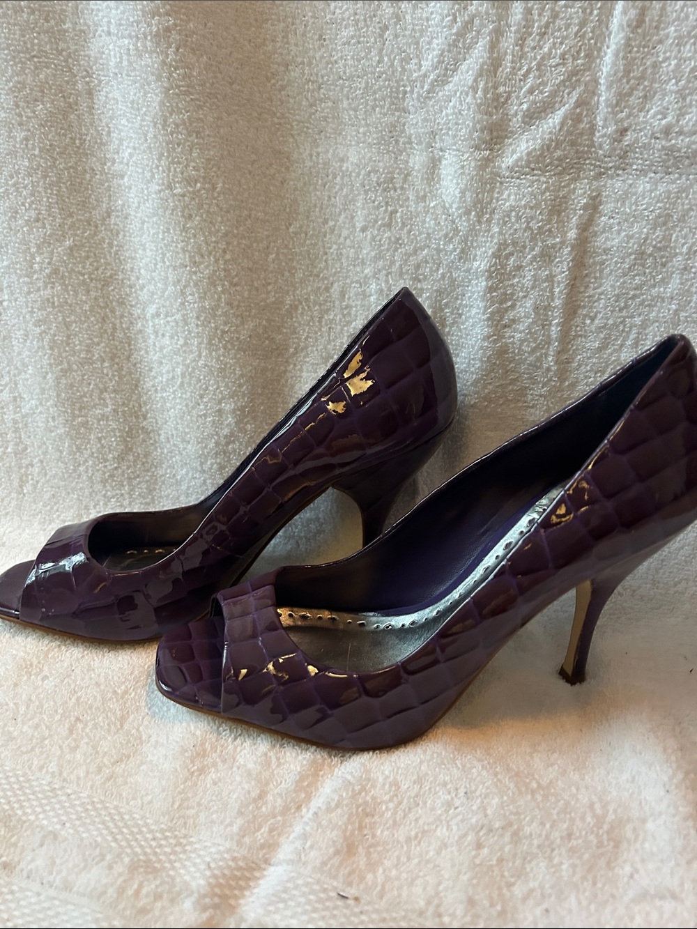 BCBG Plum Patent Croc-Embossed Peep Toe Heels